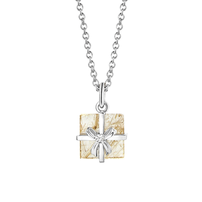 18K White Gold Rutile Quartz & Diamond Gift Box Pendant