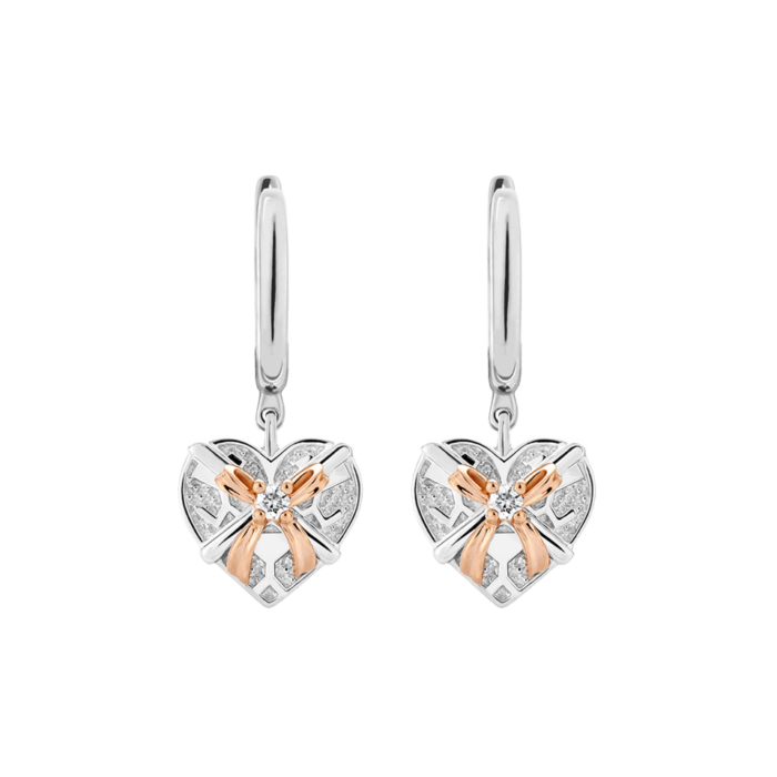 Silver & 14K Gold Diamond Heart Gift Box Leverback Earrings
