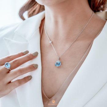 Silver Big Oval Blue Topaz Cocktail Pendant with CZ
