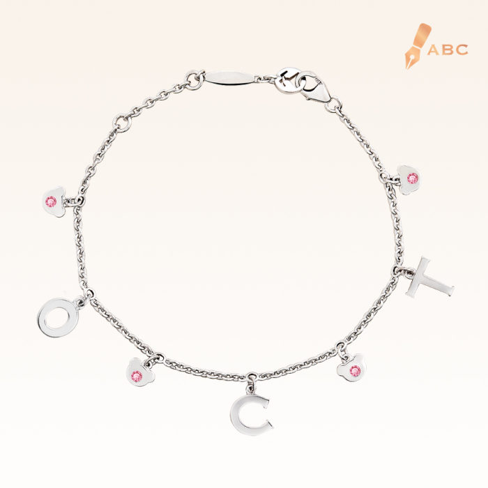 Silver October Birthstone Pink Tourmaline Color CZ Charm Bracelet