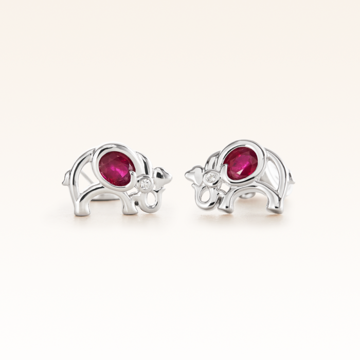 Silver Oval Ruby Elephant Earrings