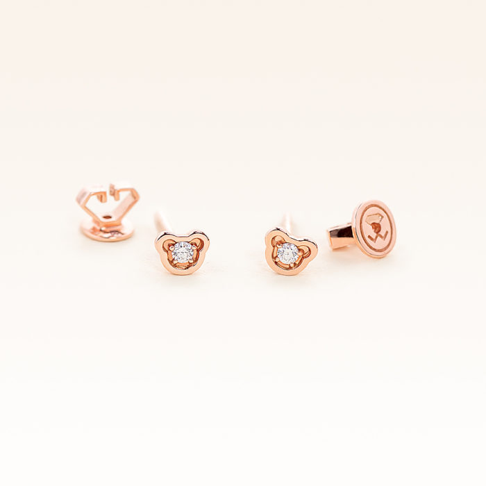 14K Pink Gold Mini Bear Stud Diamonds Earrings