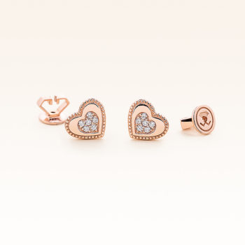 14K Pink Gold Double Hearts Diamonds Earrings